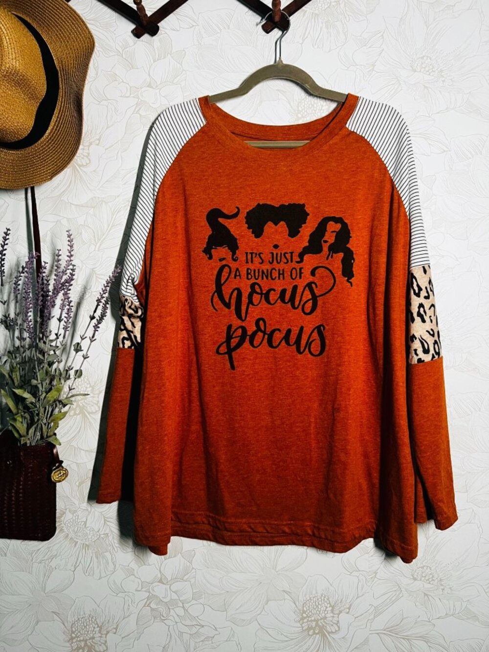 Its Just A Bunch Of Hocus Pocus Halloween Shirt With Striped & Leopard Print Lon